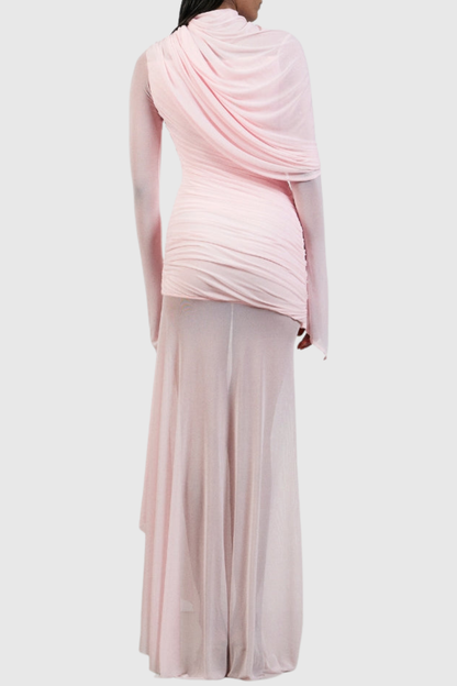 Batra Asymmetric Mesh Draped Maxi Dress