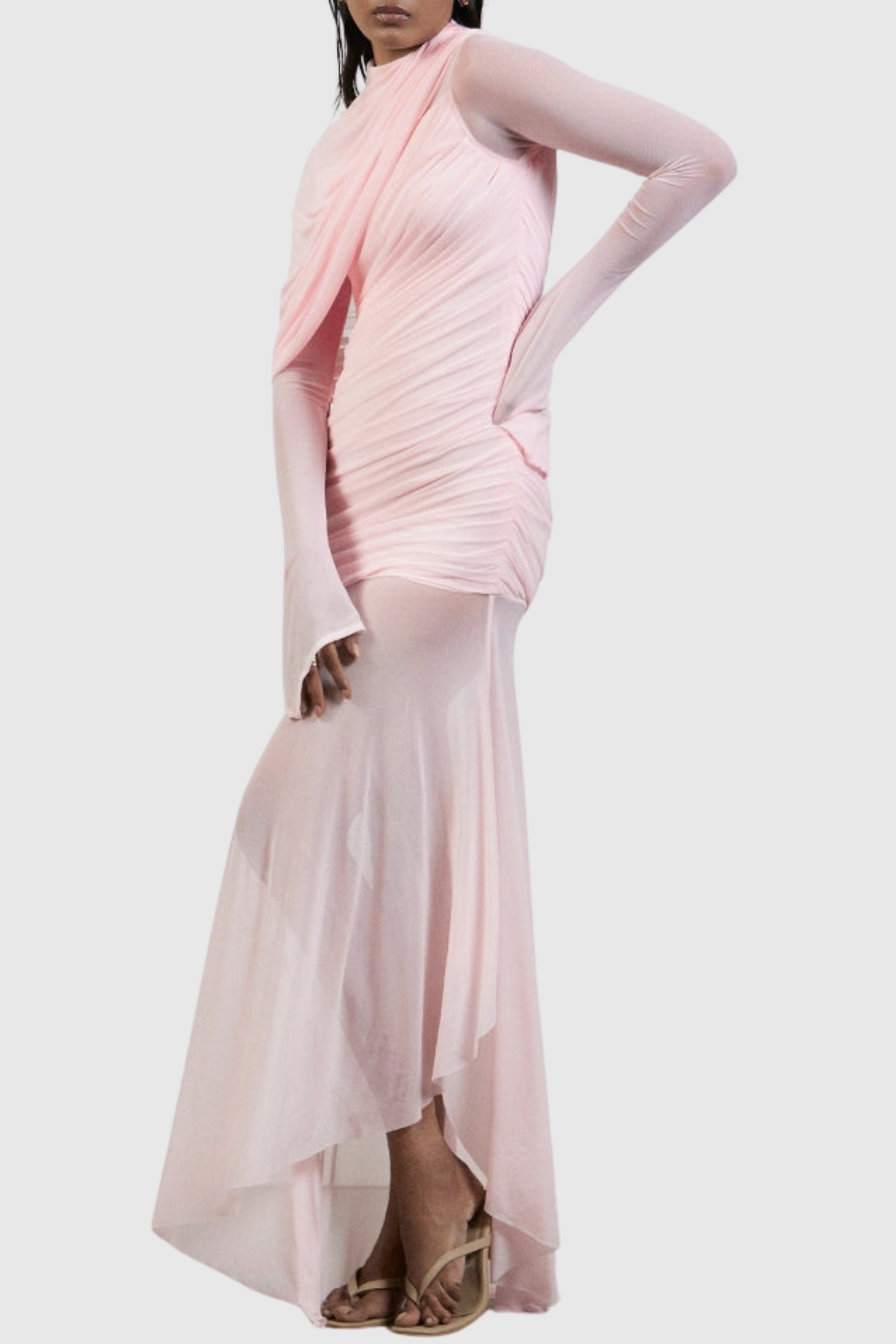 Batra Asymmetric Mesh Draped Maxi Dress