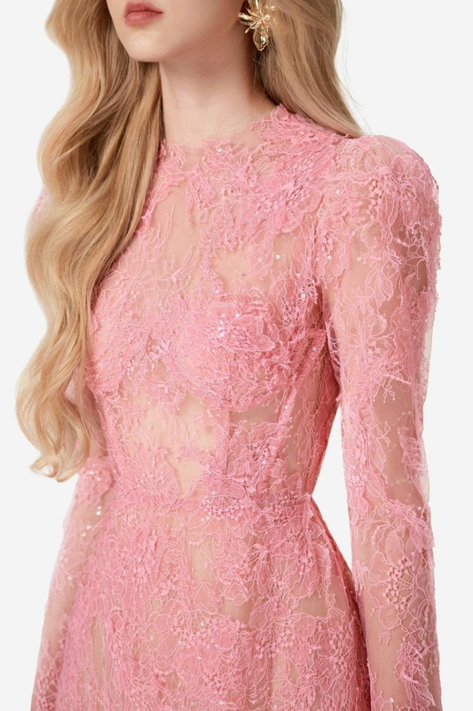 Batya Lace Long Sleeve Mini Dress - Pink