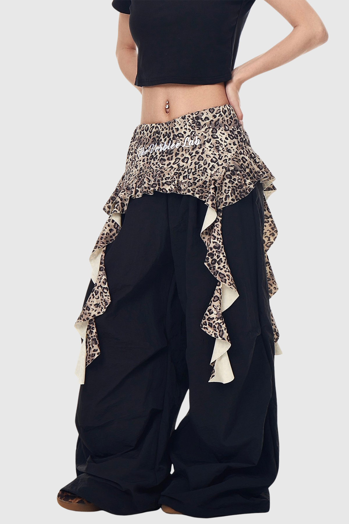 Baxle Leopard Ruffle Deconstruct Pants - Black