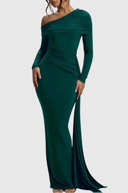 Baxter Off Shoulder Asymmetric Draped Maxi Dress - Green