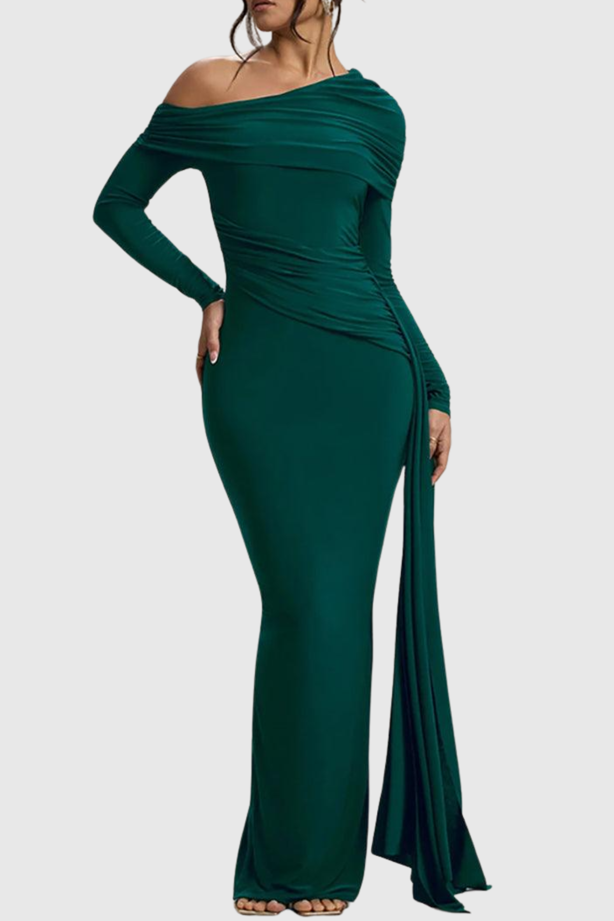 Baxter Off Shoulder Asymmetric Draped Maxi Dress - Green