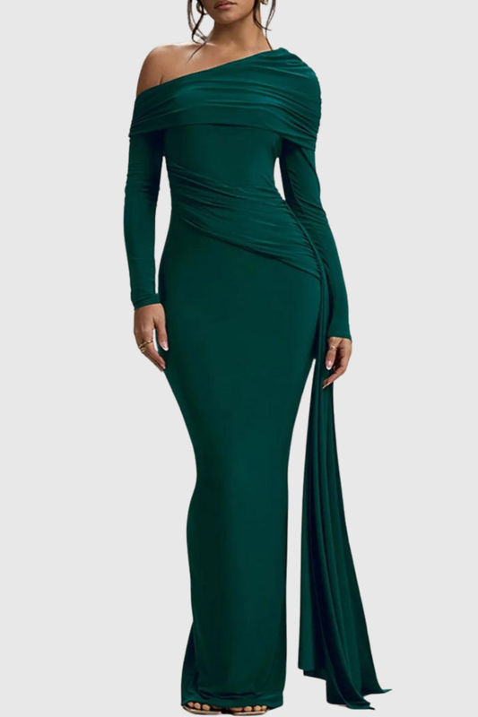 Baxter Off Shoulder Asymmetric Draped Maxi Dress - Green