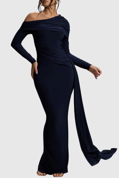 Baxter Off Shoulder Asymmetric Draped Maxi Dress - Navy