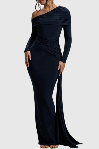 Baxter Off Shoulder Asymmetric Draped Maxi Dress - Navy