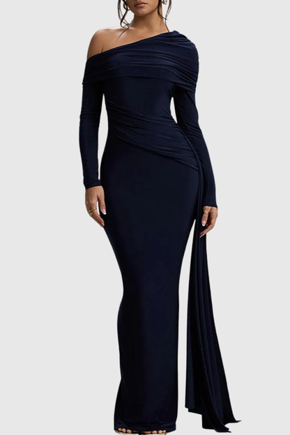 Baxter Off Shoulder Asymmetric Draped Maxi Dress - Navy