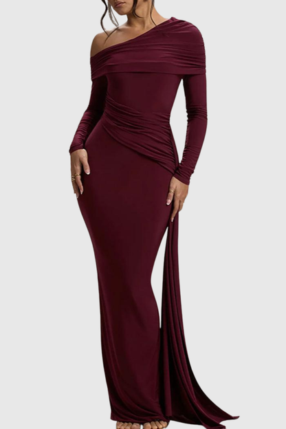 Baxter Off Shoulder Asymmetric Draped Maxi Dress - Wine