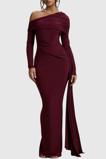 Baxter Off Shoulder Asymmetric Draped Maxi Dress - Wine