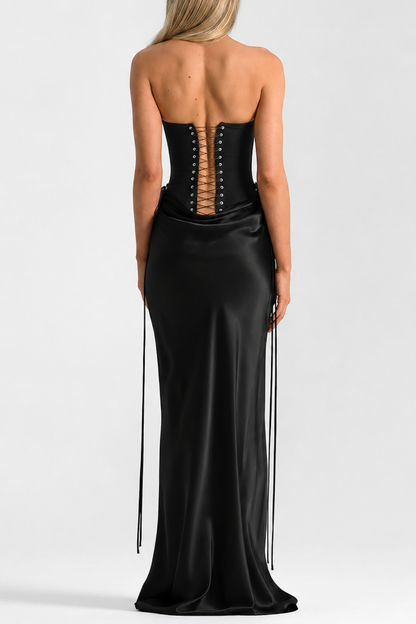Beatrix Strapless Corset Satin Maxi Dress - Black