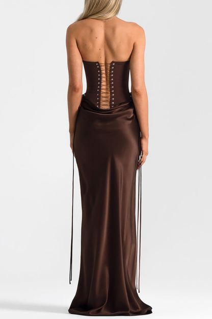 Beatrix Strapless Corset Satin Maxi Dress - Brown