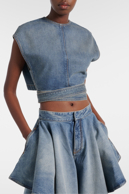 Beatriz Belted Denim Crop Top