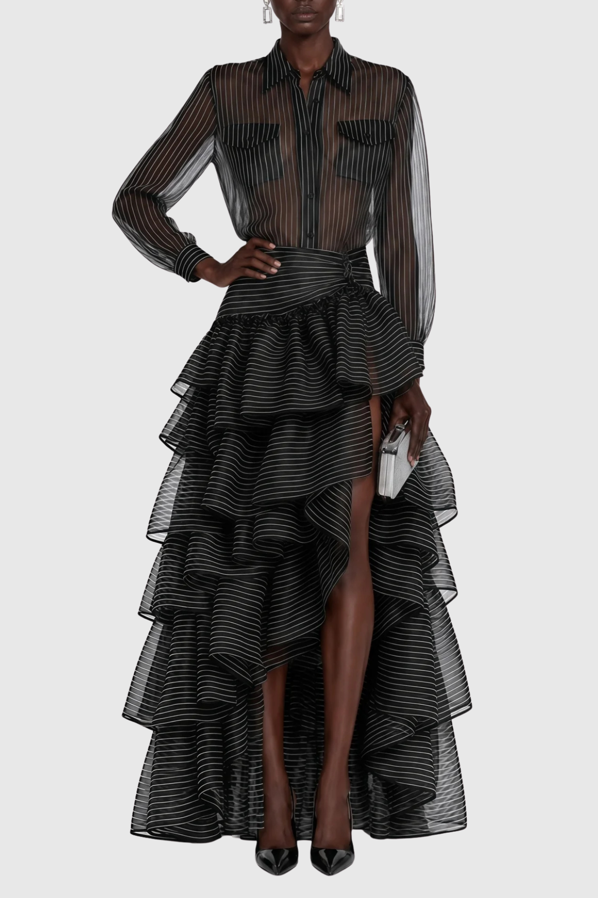 Beccaza Stripe Blouse & Ruffle Maxi Skirt Set