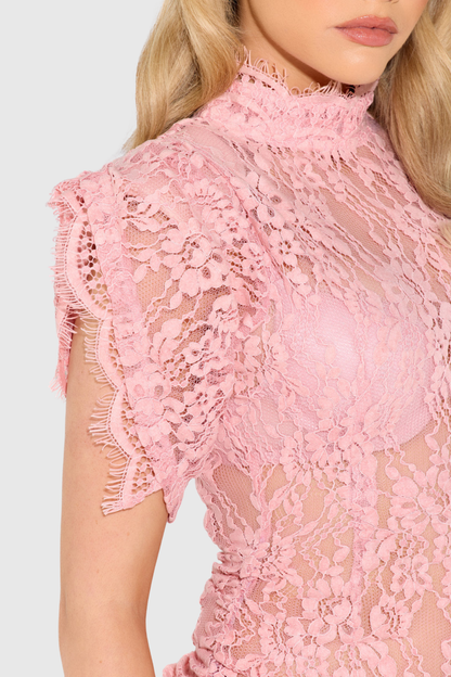 Becketa Lace Ruched Mini Dress - Pink