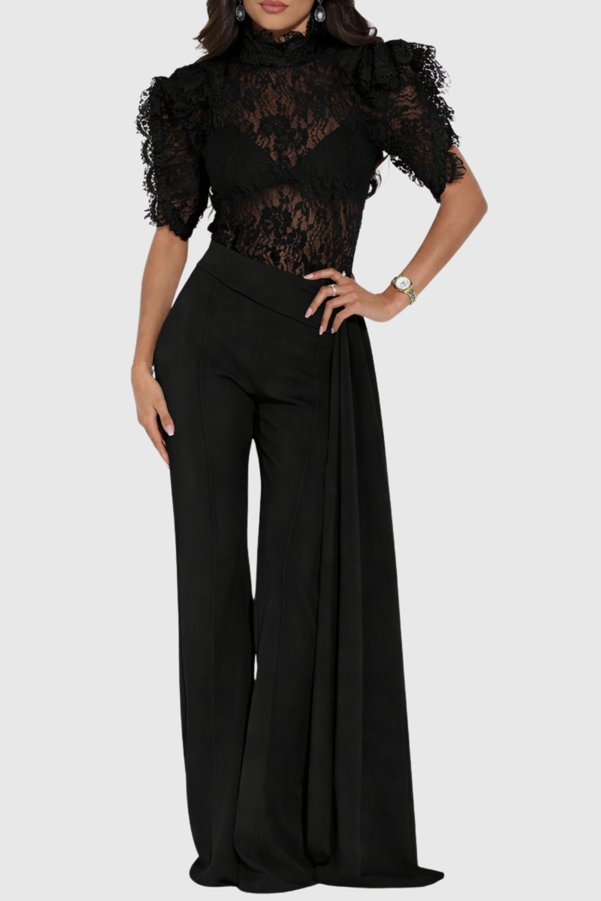 Becketa Lace Top & Pants Set - Black