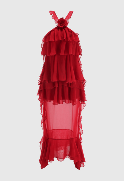 Bedelia Floral Halter Chiffon Ruffle Midi Dress
