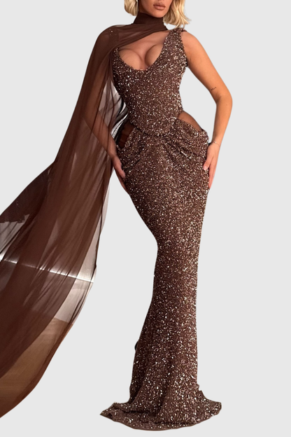 Beliaia Mesh Cape Glitter Maxi Dress