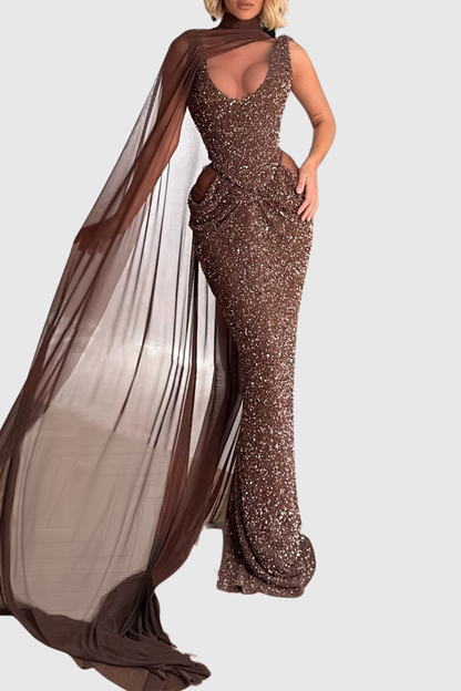 Beliaia Mesh Cape Glitter Maxi Dress