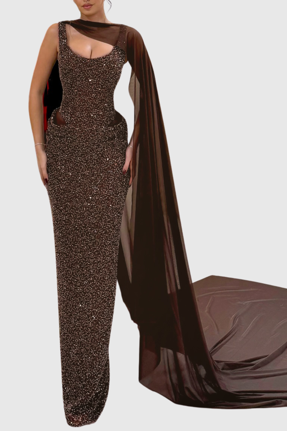Beliaia Mesh Cape Glitter Maxi Dress