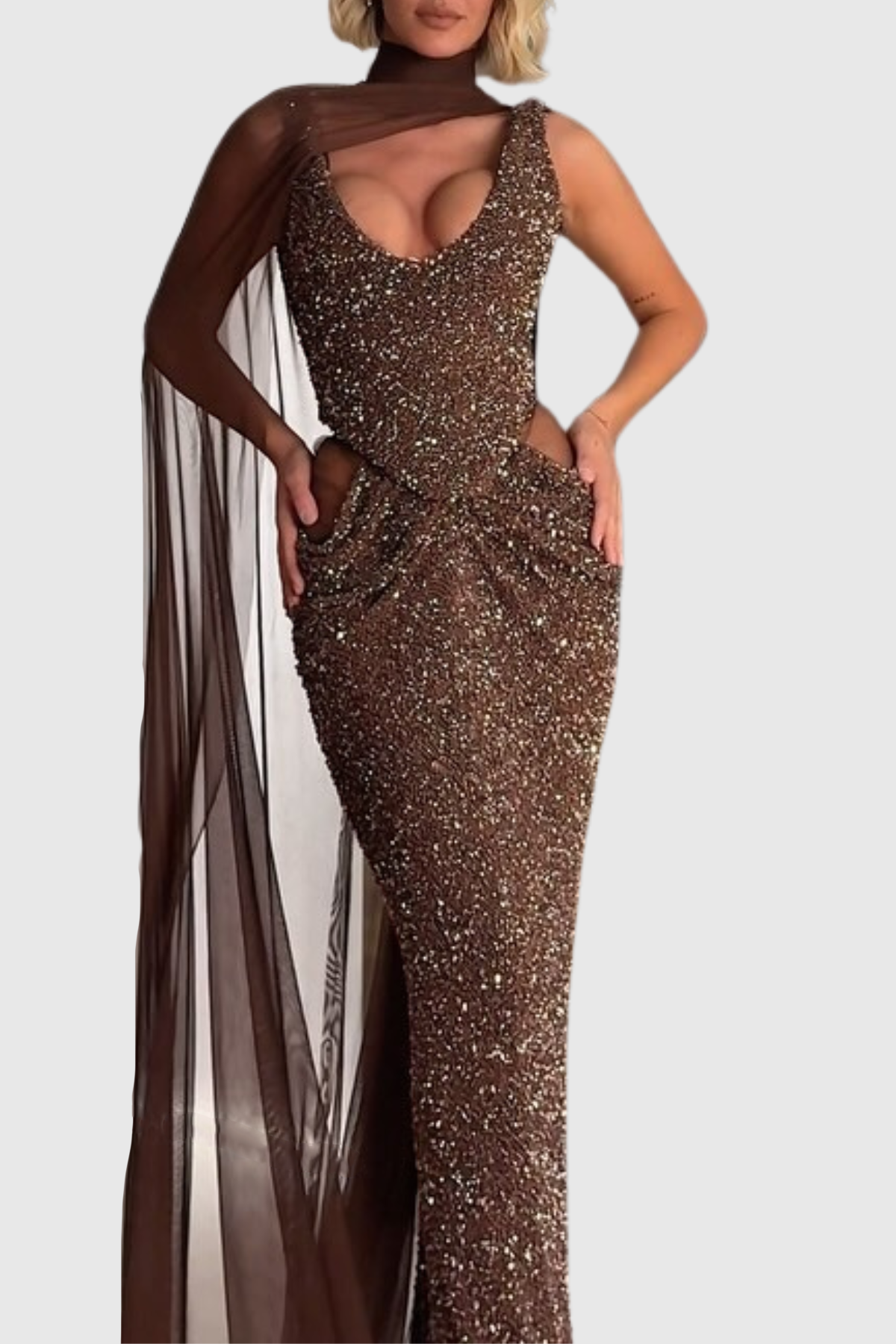 Beliaia Mesh Cape Glitter Maxi Dress