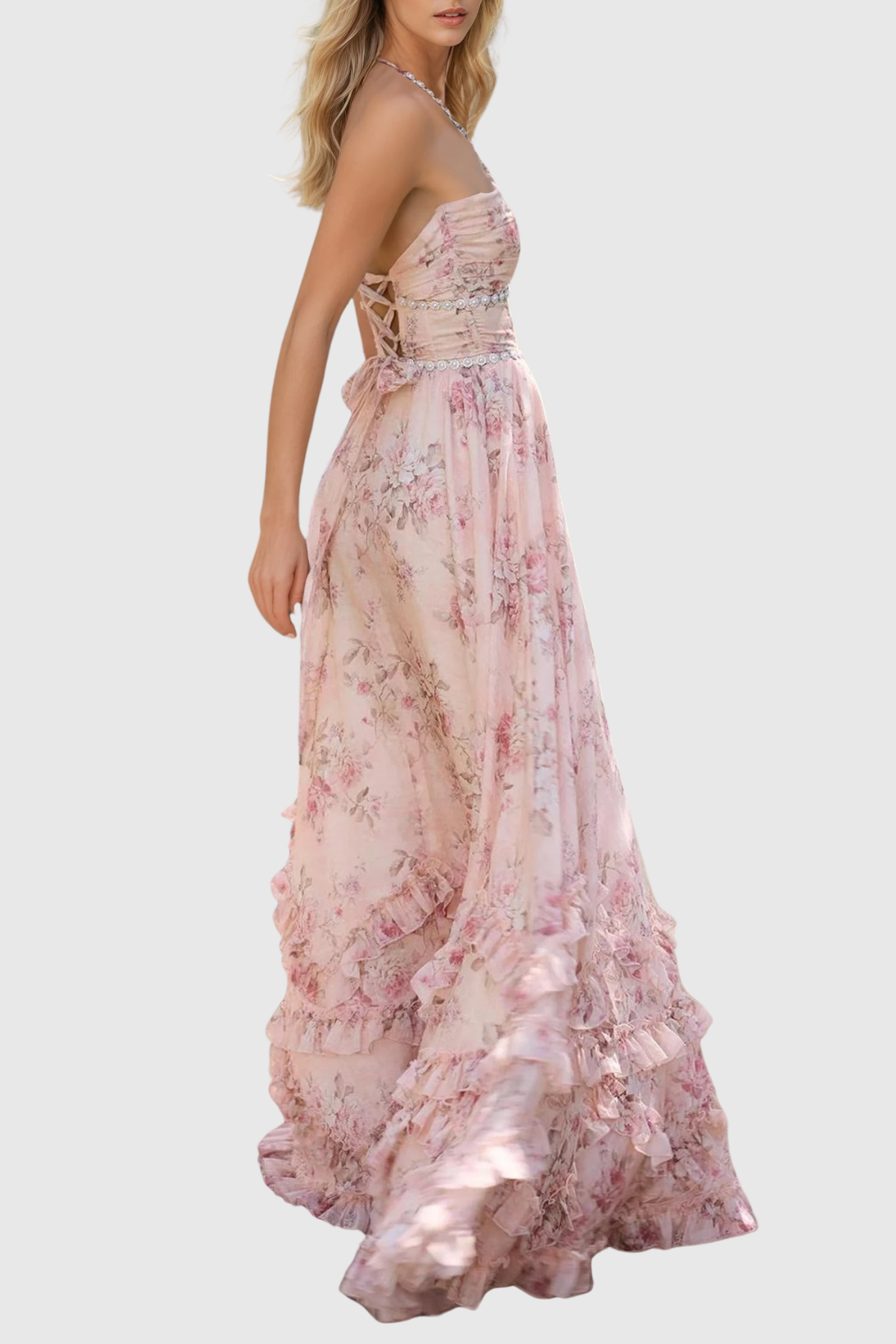 Belinda Floral Crystal Embellished Maxi Dress - Pink