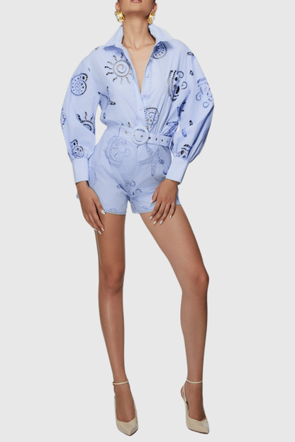 Bellero Starfish Embroidered Shirt & Shorts Set - Blue
