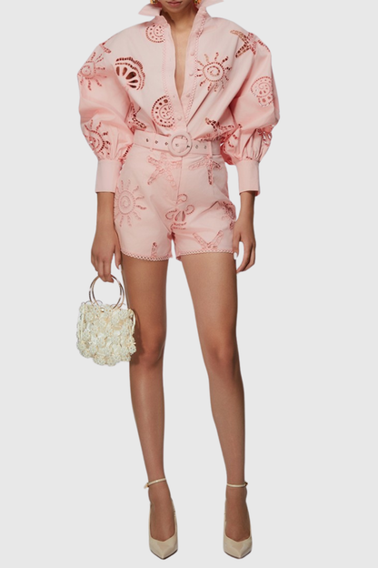 Bellero Starfish Embroidered Shirt & Shorts Set - Pink