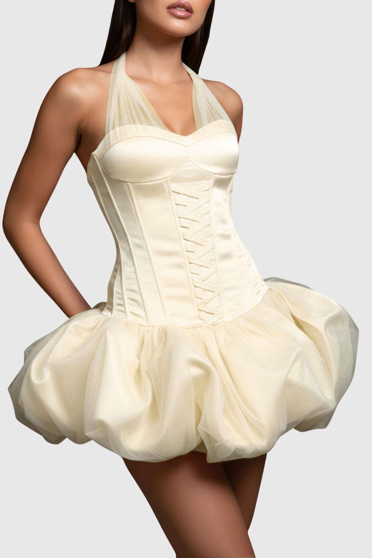 Benaia Lace Up Halter Bubble Mini Dress - Beige