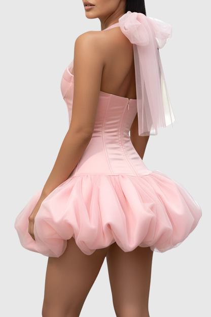 Benaia Lace Up Halter Bubble Mini Dress - Pink