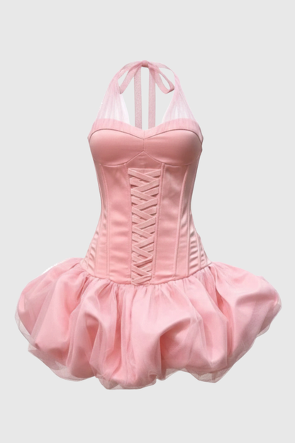 Benaia Lace Up Halter Bubble Mini Dress - Pink
