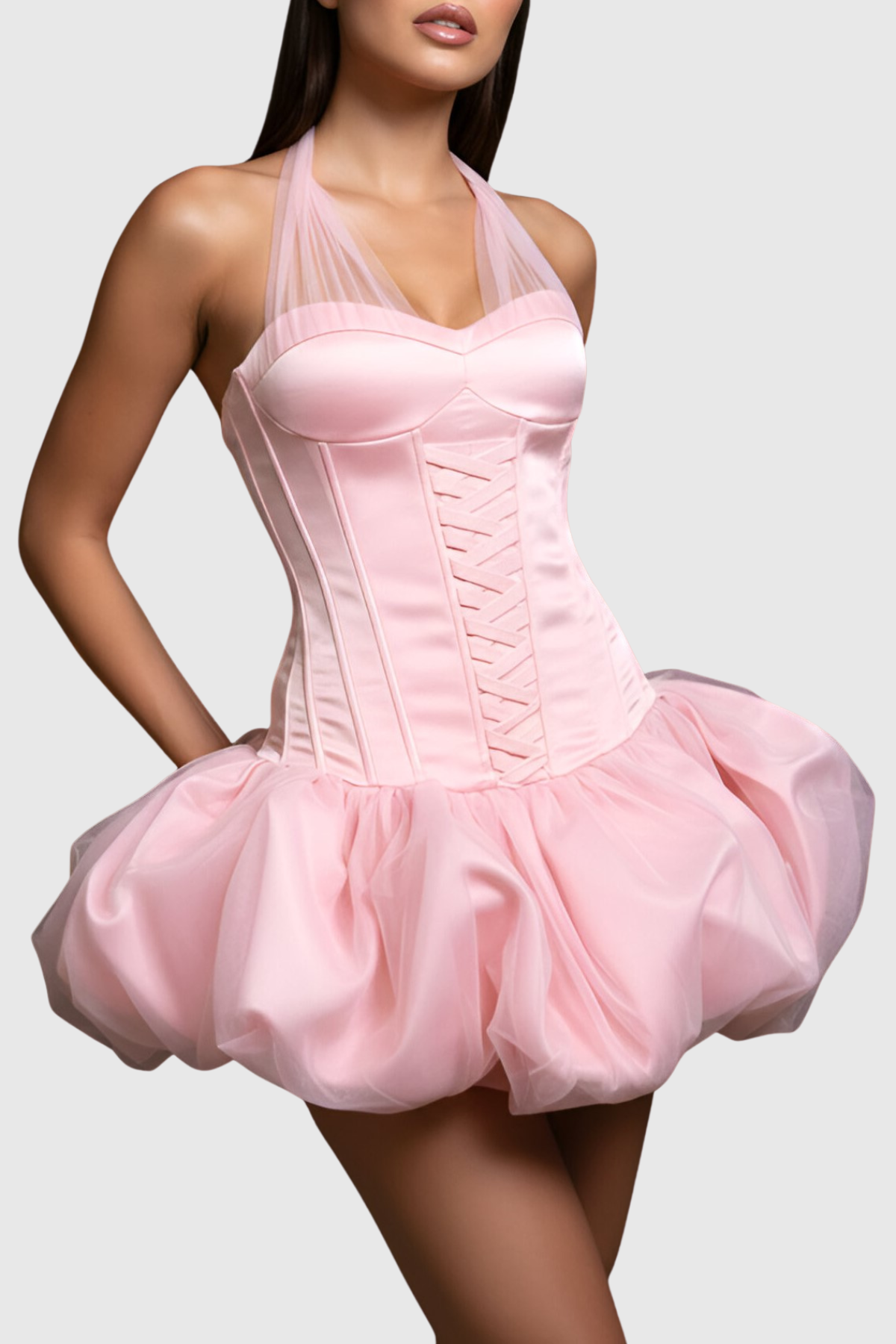 Benaia Lace Up Halter Bubble Mini Dress - Pink