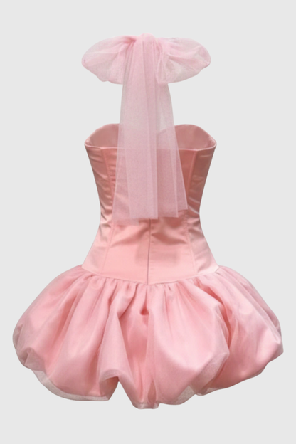 Benaia Lace Up Halter Bubble Mini Dress - Pink
