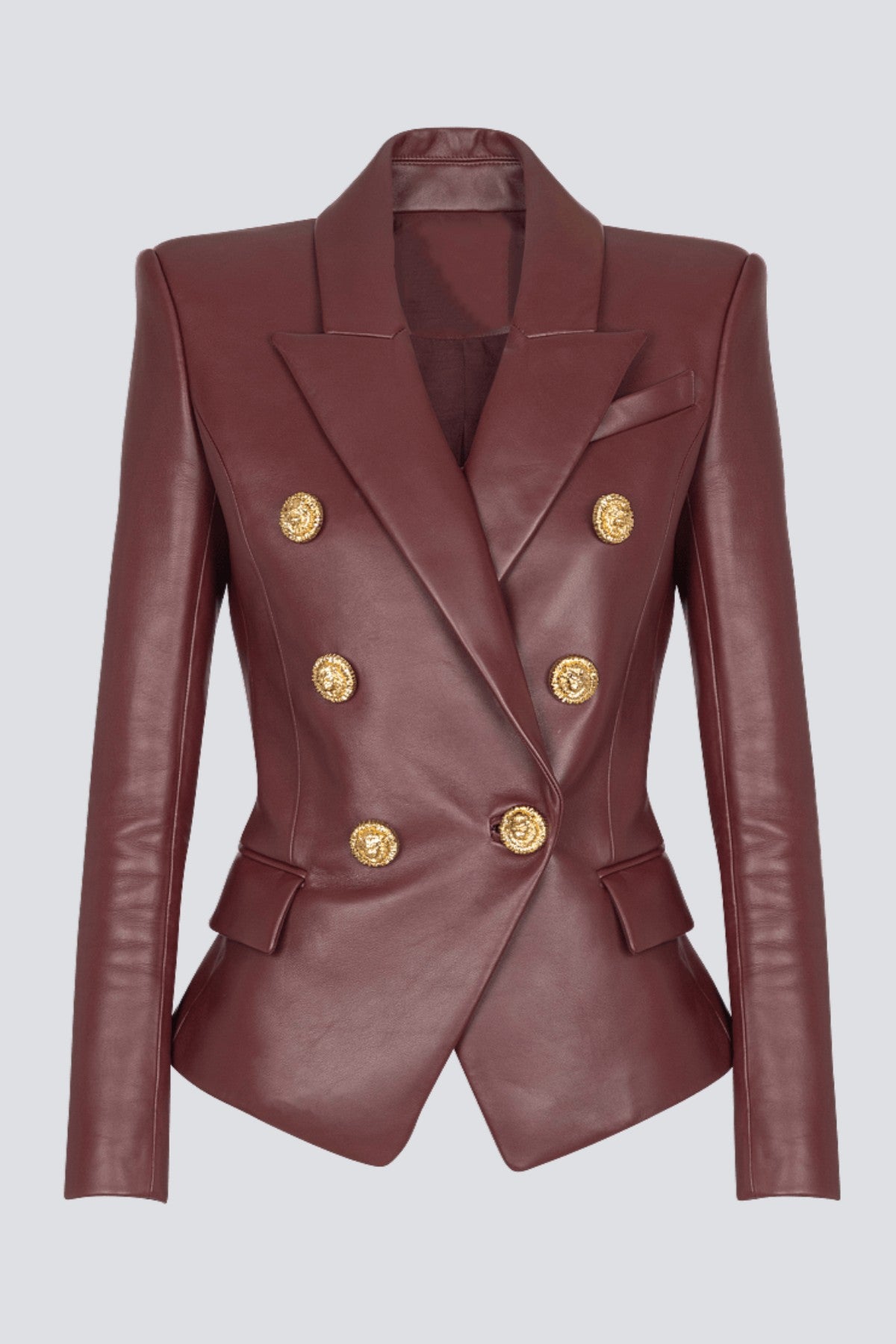 Benaz Burgundy Buttoned Leather Jacket