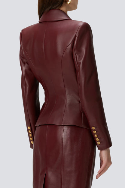 Benaz Burgundy Buttoned Leather Jacket