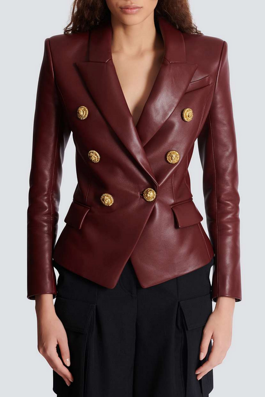 Benaz Burgundy Buttoned Leather Jacket