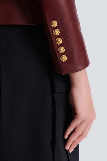 Benaz Burgundy Buttoned Leather Jacket