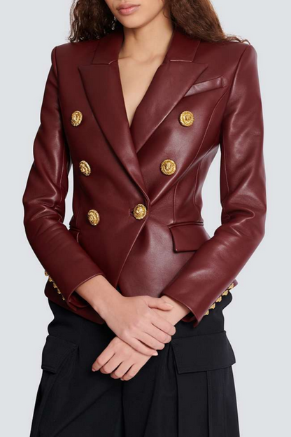 Benaz Burgundy Buttoned Leather Jacket