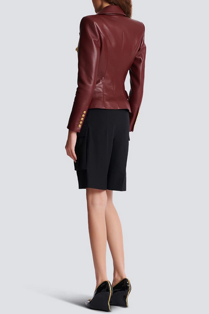 Benaz Burgundy Buttoned Leather Jacket