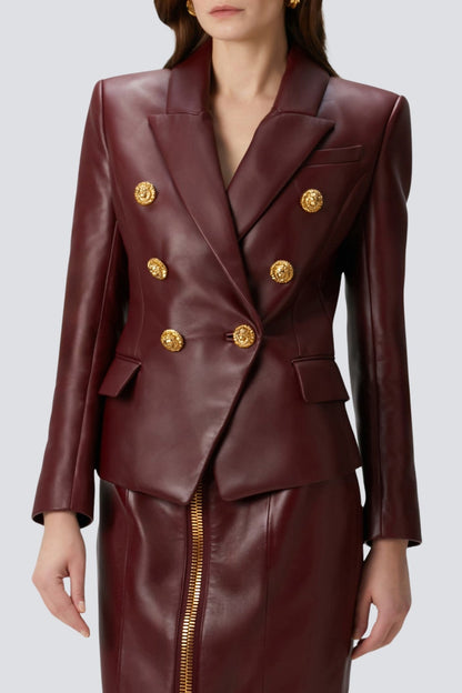 Benaz Burgundy Buttoned Leather Jacket