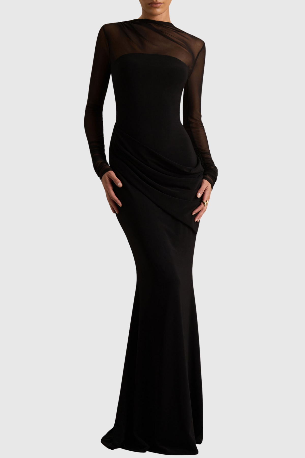 Benito Mesh Ruched Long Sleeve Maxi Dress