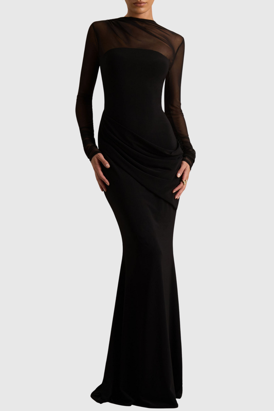 Benito Mesh Ruched Long Sleeve Maxi Dress
