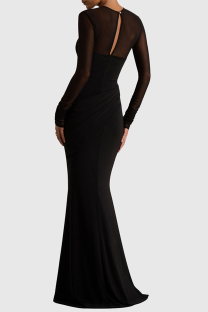 Benito Mesh Ruched Long Sleeve Maxi Dress