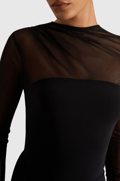 Benito Mesh Ruched Long Sleeve Maxi Dress