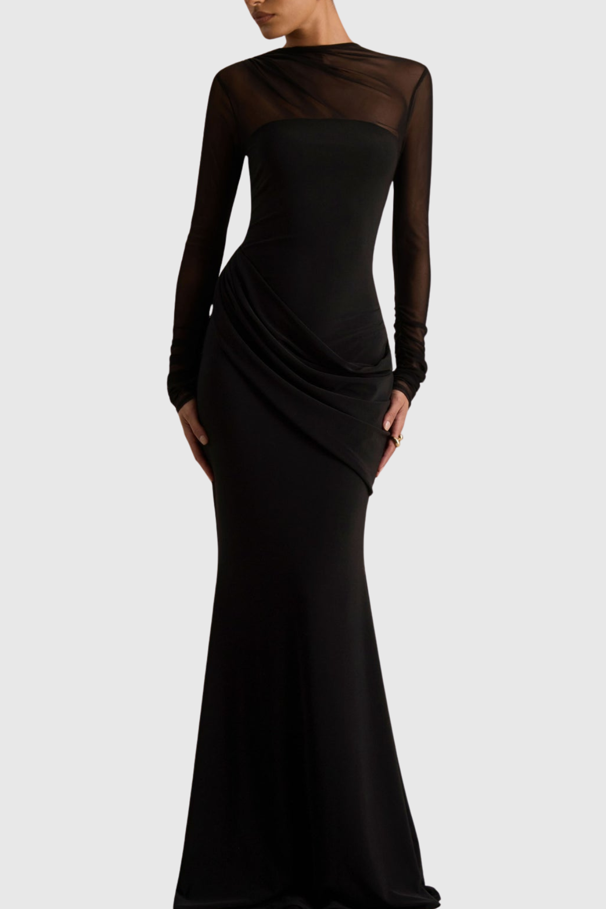 Benito Mesh Ruched Long Sleeve Maxi Dress