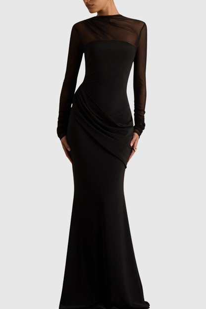 Benito Mesh Ruched Long Sleeve Maxi Dress