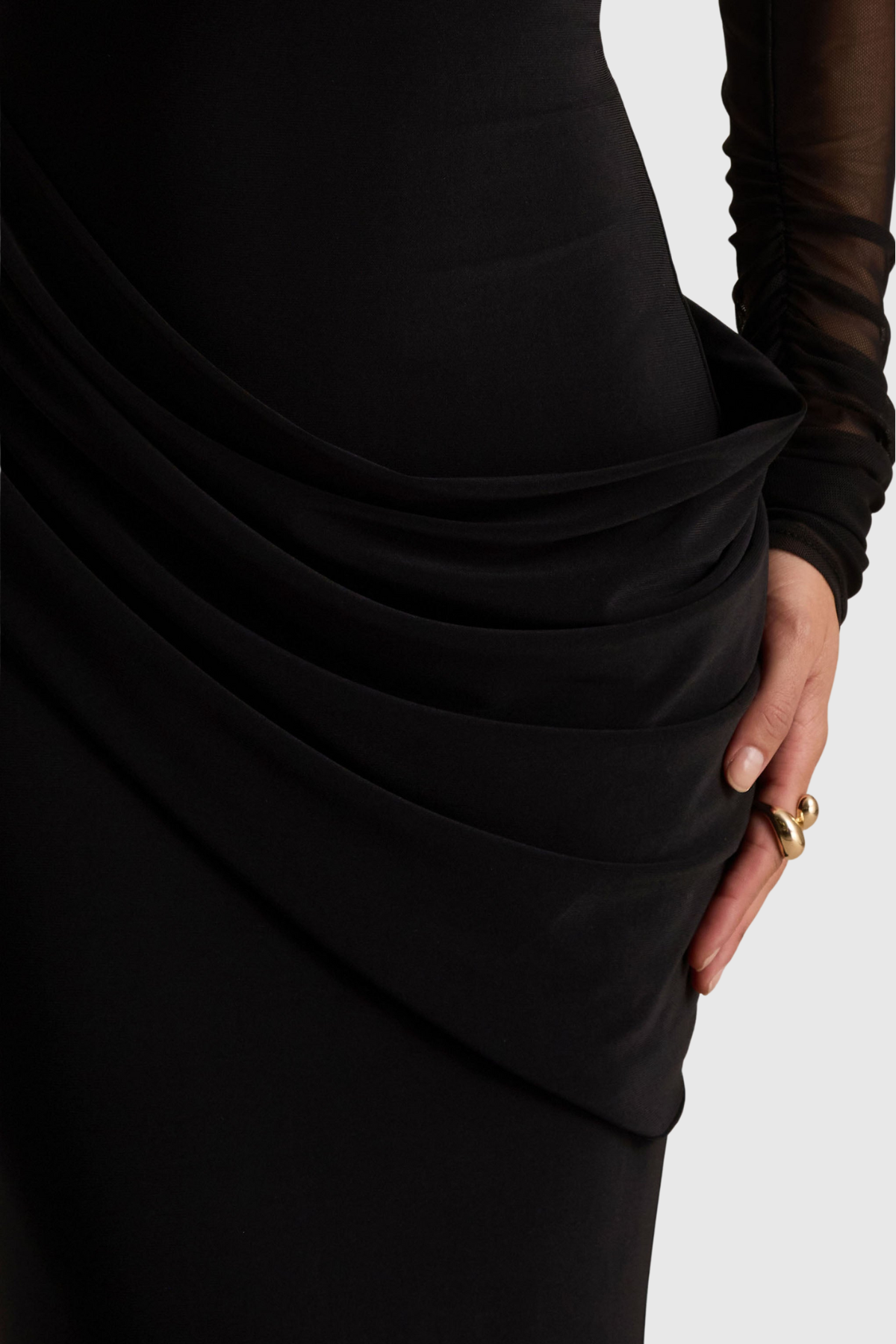 Benito Mesh Ruched Long Sleeve Maxi Dress