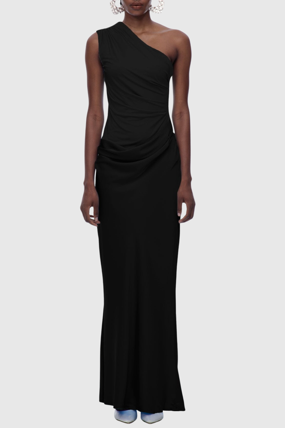 Bertala One Shoulder Satin Ruched Maxi Dress - Black