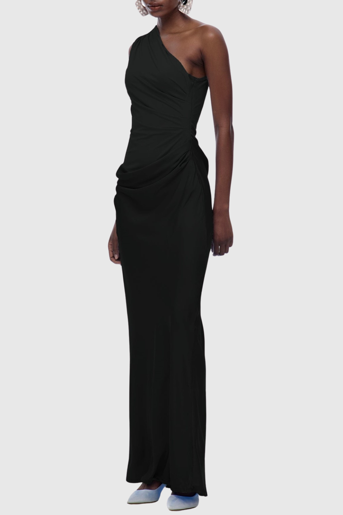 Bertala One Shoulder Satin Ruched Maxi Dress - Black