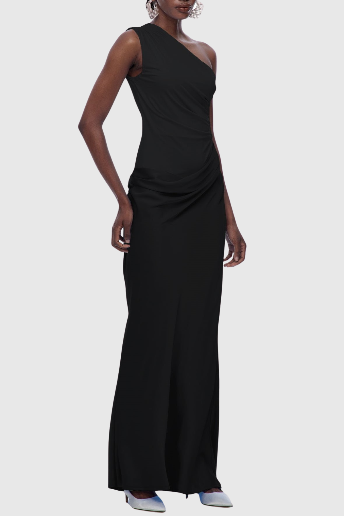 Bertala One Shoulder Satin Ruched Maxi Dress - Black