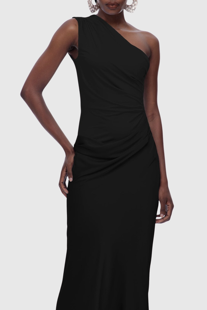 Bertala One Shoulder Satin Ruched Maxi Dress - Black