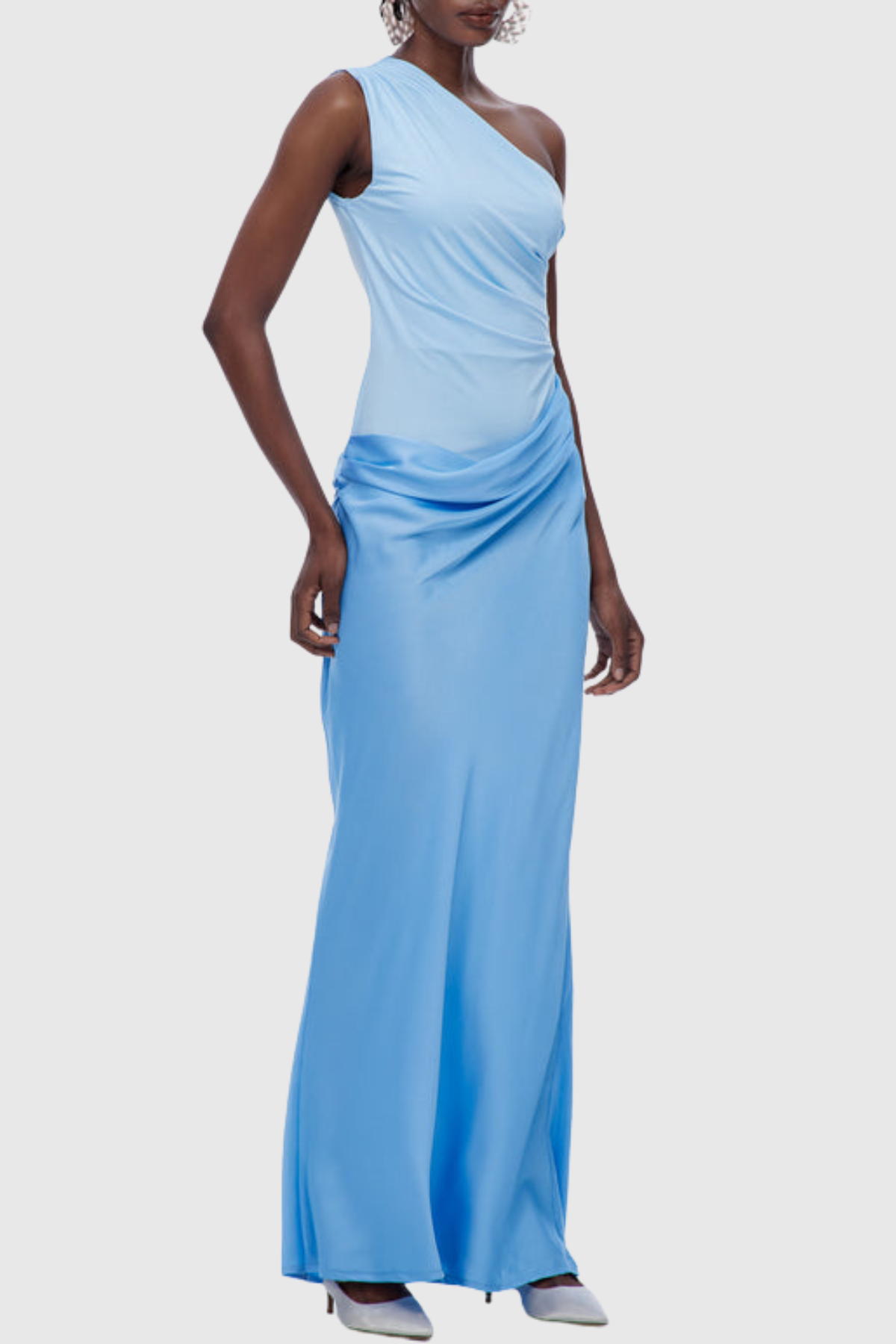 Bertala One Shoulder Satin Ruched Maxi Dress - Blue
